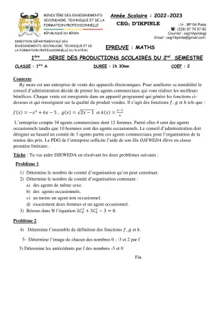 Première page de Mathématiques 1ère A — Production scolaire, 2e semestre (2022-2023) · CEG1 Ikpinlè