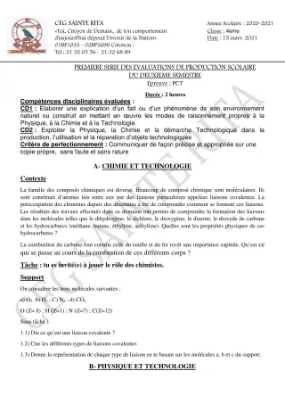 Première page de PCT 4e — Production scolaire, 2e semestre (2020-2021) · CEG Sainte Rita