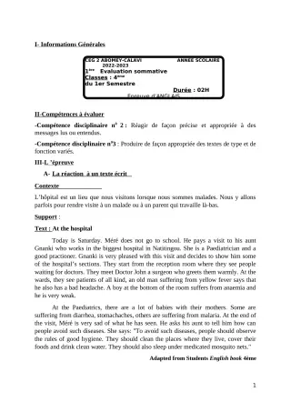 Première page de Anglais 4e — 1re évaluation sommative, 1er semestre (2022-2023) · CEG2 ABOMEY - CALAVI (CEG ZOCA)