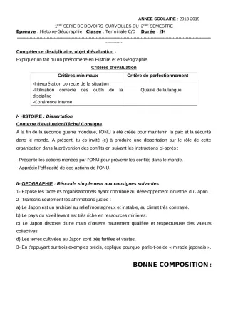Première page de Histoire-Géographie Tle C, Tle D — 1er devoir surveillé, 2e semestre (2018-2019) · CEG Albarika