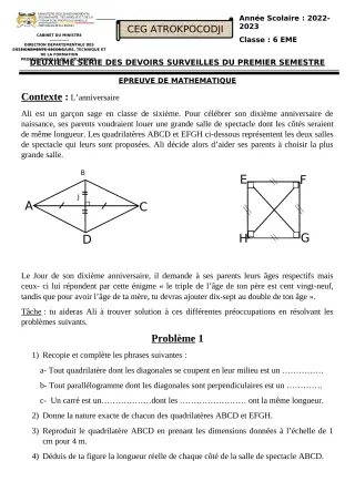 Première page de Mathématiques 6e, 5e, 4e, 3e — 2e devoir surveillé, 1er semestre (2022-2023) · CEG ATROKPOCODJI
