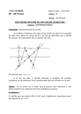 Première page de Mathématiques 6e, 5e, 4e, 1ère A2, 1ère B — 2e devoir surveillé, 2e semestre (2019-2020) · CEG Tankpè