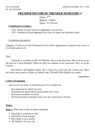 Première page de Anglais 6e — 1er devoir surveillé, 1er semestre (2019-2020) · CEG Attogon