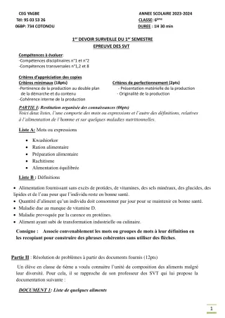 Première page de SVT 6e — 1er devoir surveillé, 1er semestre (2023-2024) · CEG Yagbe