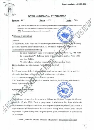 Première page de PCT 3e, 3e ML — Devoir surveillé, 1er trimestre (2020-2021) · CPEG ROSAIRE