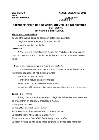 Première page de Espagnol 4e — 1er devoir surveillé, 1er semestre (2021-2022) · CEG PAHOU