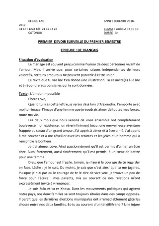 Première page de Français 2nde A, 2nde B, 2nde C, 2nde D — 1er devoir surveillé, 1er semestre (2018-2019) · CEG du Lac