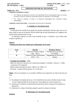 Première page de PCT 3e — 1er devoir surveillé (2019-2020) · CEG Akassato