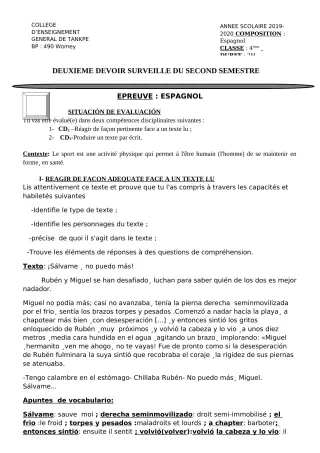 Première page de Espagnol 4e ML — 2e devoir surveillé, 2e semestre (2019-2020) · CEG Tankpè