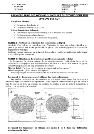 Première page de SVT 4e ML, 4e ML&MC — 1er devoir surveillé, 2e semestre (2020-2021) · CEG HOUEYIHO