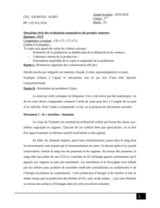 Première page de SVT 3e, 3e ML — 2e évaluation sommative, 1er semestre (2019-2020) · CEG AZOHOUE-ALIHO