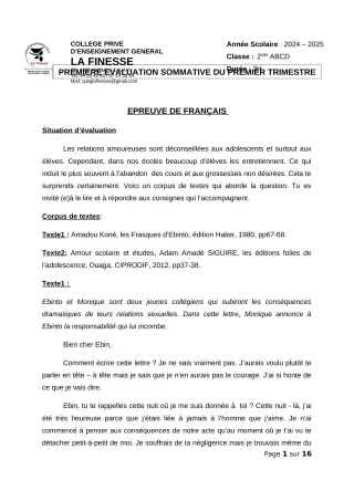 Première page de Français 2nde A1, 2nde A2, 2nde B, 2nde C, 2nde D, 1ère A1, 1ère A2, 1ère B, 1ère C, 1ère D, Tle A1, Tle A2, Tle B, Tle D — 1er trimestre (2024-2025) · CPEG La Finesse