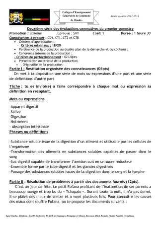 Première page de SVT 6e — 2e évaluation sommative, 1er semestre (2017-2018) · CEG C.P de Dompago