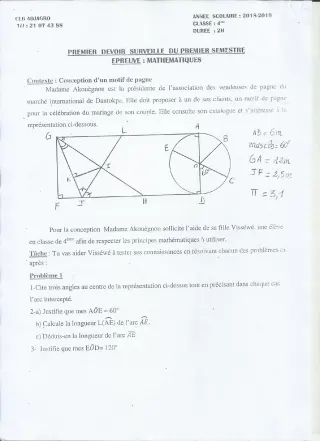 Première page de Mathématiques 4e, 4e ML — 1er devoir surveillé, 1er semestre (2018-2019) · CEG ADJAGBO