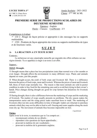 Première page de Anglais 3e, 3e ML — 1re production scolaire, 2e semestre (2021-2022) · Lycée Toffa 1er