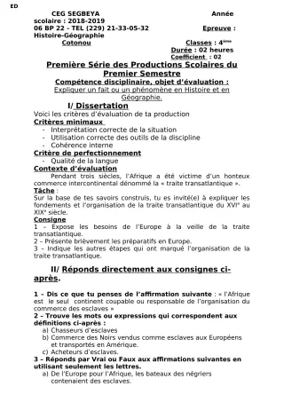 Première page de Histoire-Géographie 6e, 5e, 4e, 4e ML, 3e, 3e ML, 2nde A & B, 2nde C, 2nde D, 1ère A1, 1ère A2, 1ère B, 1ère C, 1ère D, Tle A2, Tle B, Tle C, Tle D — 1re production scolaire, 1er semestre (2018-2019)
