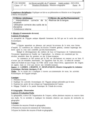Première page de Histoire-Géographie 2nde A2 — 1er devoir surveillé, 2e semestre (2023-2024) · CEG SEKERE