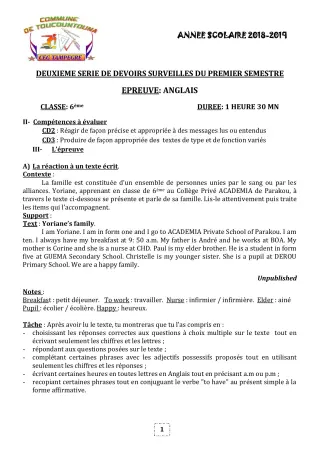 Première page de Anglais 6e, 5e, 4e, 4e ML, 3e, 3e ML — 2e devoir surveillé, 1er semestre (2018-2019) · CEG TAMPÈGRÉ