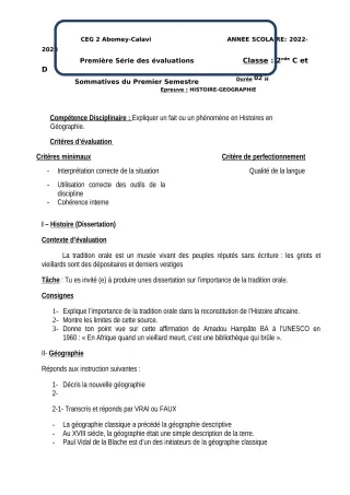 Première page de Histoire-Géographie 2nde D — 1re évaluation sommative, 1er semestre (2022-2023) · CEG2 ABOMEY - CALAVI (CEG ZOCA)