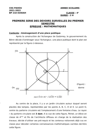 Première page de Mathématiques 4e — 1er devoir surveillé, 1er semestre (2021-2022) · CEG PAHOU