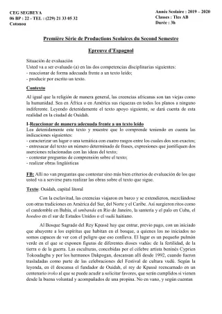 Première page de Espagnol Tle A1, Tle A2, Tle B — 1re production scolaire, 2e semestre (2019-2020) · CEG SEGBEYA