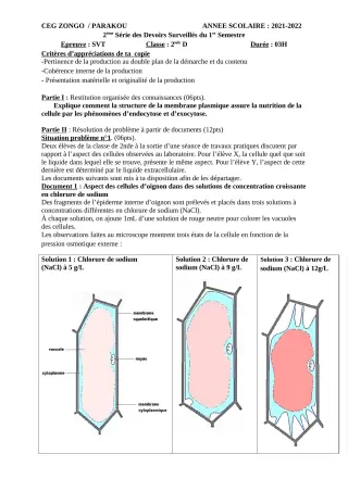 Première page de SVT 2nde D — 2e devoir surveillé, 1er semestre (2021-2022) · CEG ZONGO
