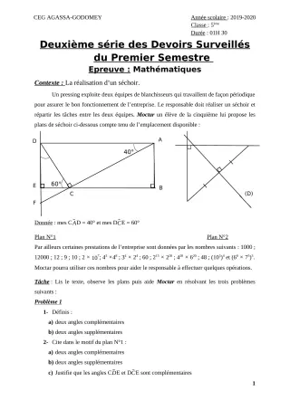 Première page de Mathématiques 5e — 2e devoir surveillé, 1er semestre (2019-2020) · CEG Agassa Godomey