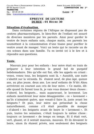Première page de Français 6e — Composition, 1er trimestre (2019-2020) · CPEG LICA