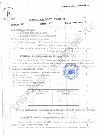 Première page de SVT 6e — Composition, 3e trimestre (2020-2021) · CPEG ROSAIRE