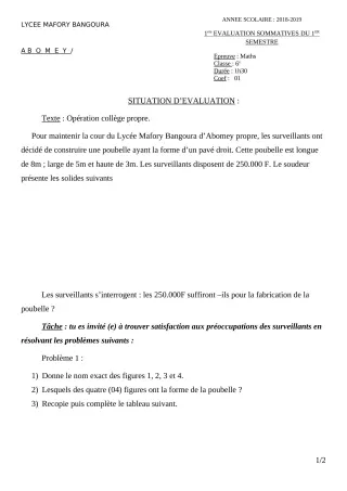 Première page de Mathématiques 6e — 1re évaluation sommative, 1er semestre (2018-2019) · Lycée Houegbadja d'Abomey (Ex Mafory Bangoura)