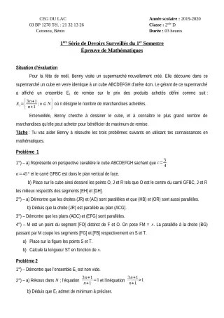 Première page de Mathématiques 2nde D — 1er devoir surveillé, 1er semestre (2019-2020) · CEG du Lac