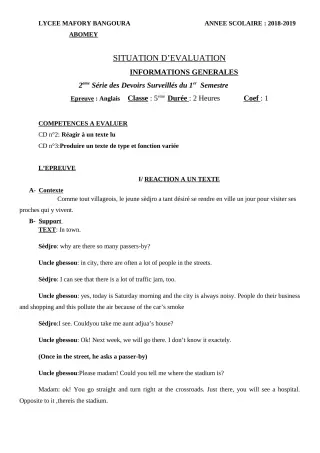 Première page de Anglais 5e — 2e devoir surveillé, 1er semestre (2018-2019) · Lycée Houegbadja d'Abomey (Ex Mafory Bangoura)