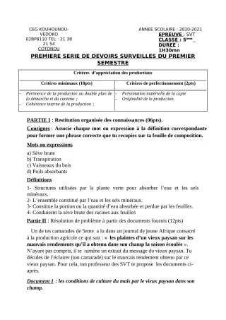 Première page de SVT 5e — 1er devoir surveillé, 1er semestre (2020-2021) · CEG Kouhounou-Vêdoko