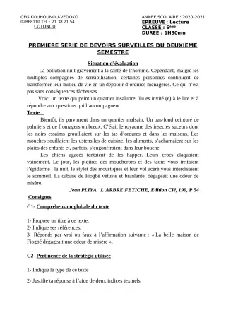 Première page de Français 6e — 1er devoir surveillé, 2e semestre (2020-2021) · CEG Kouhounou-Vêdoko