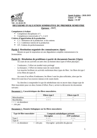 Première page de SVT 1ère A, 1ère B — 2e évaluation sommative, 1er semestre (2018-2019) · CEG Sékou
