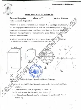 Première page de Mathématiques 6e — 1re composition, 1er trimestre (2020-2021) · CPEG ROSAIRE