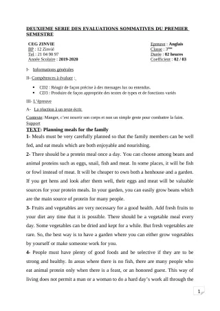 Première page de Anglais 3e, 3e ML — 2e évaluation sommative, 1er semestre (2019-2020) · CEG Zinvié