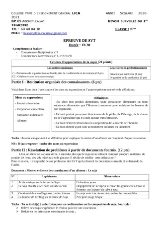 Première page de SVT 6e — Devoir surveillé, 1er trimestre (2020-2021) · CPEG LICA