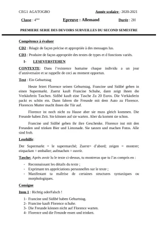 Première page de Allemand 4e ML — 1er devoir surveillé, 2e semestre (2020-2021) · CEG 1 Agatogbo