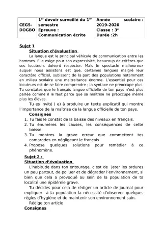 Première page de Français 6e, 5e, 4e, 4e ML, 3e, 3e ML — 1er devoir surveillé (2018-2019) · CEG5 DOGBO