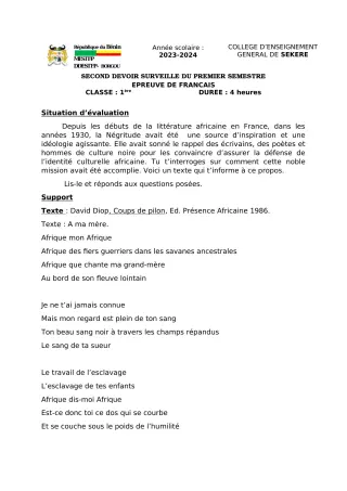 Première page de Français 1ère A2, 1ère D — 2e devoir surveillé, 1er semestre (2023-2024) · CEG SEKERE