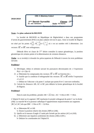 Première page de Mathématiques 3e, 3e ML — 2e devoir surveillé, 2e semestre (2018-2019) · CEG2 ABOMEY - CALAVI (CEG ZOCA)