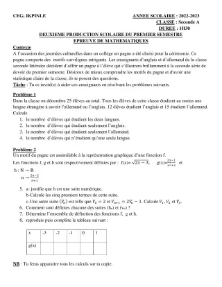 Première page de Mathématiques 2nde A — 2e production scolaire, 1er semestre (2022-2023) · CEG1 Ikpinlè