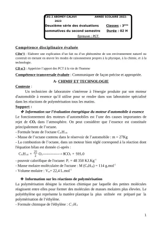 Première page de PCT 3e — 2e évaluation sommative, 2e semestre (2022-2023) · CEG2 ABOMEY - CALAVI (CEG ZOCA)