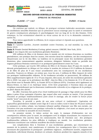 Première page de Français 1ère A2, 1ère D — 2e devoir surveillé, 1er semestre (2021-2022) · CEG SEKERE