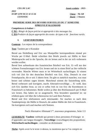 Première page de Allemand Tle A2, Tle B — 1er devoir surveillé, 1er semestre (2021-2022) · CEG du Lac