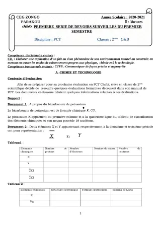 Première page de PCT 2nde C, 2nde D — 1er devoir surveillé, 1er semestre (2020-2021) · CEG ZONGO