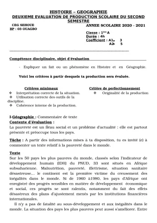 Première page de Histoire-Géographie 1ère A1, 1ère A2 — 2e production scolaire, 2e semestre (2020-2021) · CEG SEHOUE