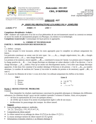 Première page de PCT 2nde D — 1re production scolaire, 1er semestre (2022-2023) · CEG1 Ikpinlè