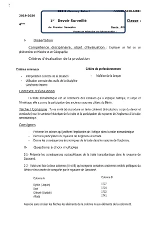 Première page de Histoire-Géographie 4e, 4e ML — Devoir surveillé, 1er semestre (2018-2019) · CEG2 ABOMEY - CALAVI (CEG ZOCA)
